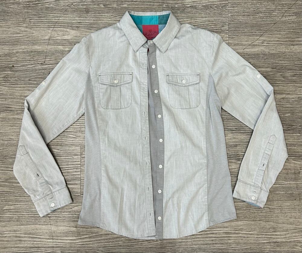 Kuhl Gray Long Sleeve Hiking Travel Shirt Women's Size Small Mesh Sides Plaid